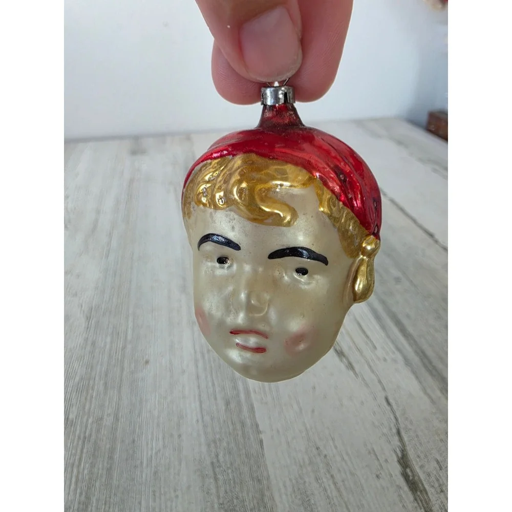 Antique boy glass head cap ornament Xmas tree